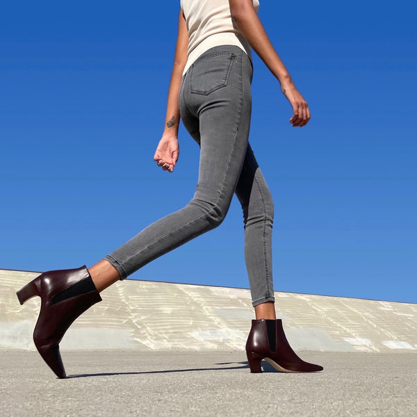 Neil J Rodgers Tik ankle boot with a unique angled toe and curved heel made from classic bruciato Italian nappa leather work with grey denim.