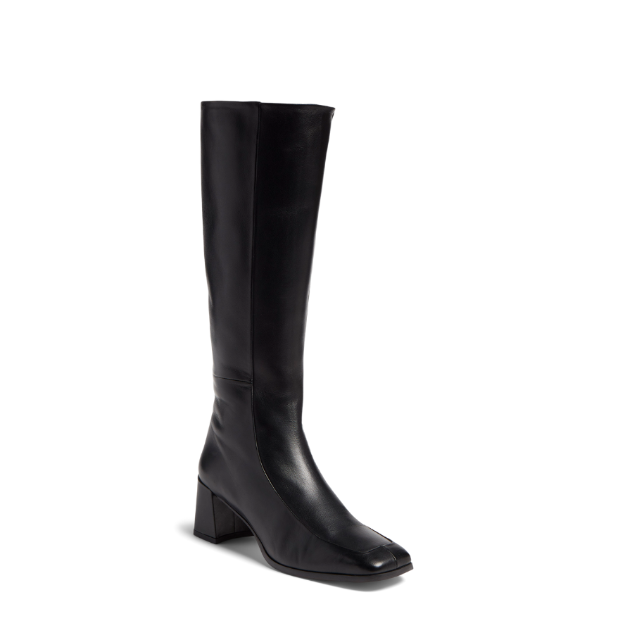 Neil J Rodgers Laura 90s knee boot with a rounded square toe, fitted leg that hits just below the knee, and comfortable block heel made from black Italian calf leather.