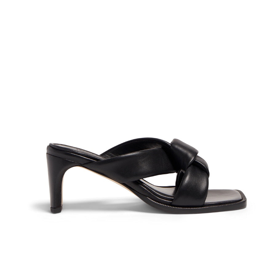 Neil J Rodgers Obi heel with signature padded leather, knotted obi strap sandal with an exaggerated square toe and modern heel in black nappa leather.