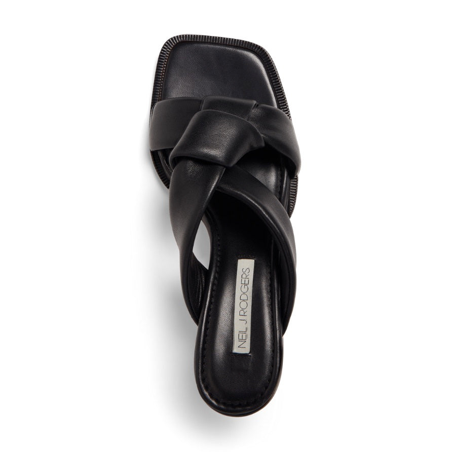 Neil J Rodgers Obi heel with signature padded leather, knotted obi strap sandal with an exaggerated square toe and modern heel in black nappa leather.