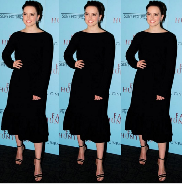 DAISY RIDLEY WEARING 'STELLA' SANDAL IN BLACK SUEDE TO THE EAGLE HUNTRESS EVENT IN NYC.