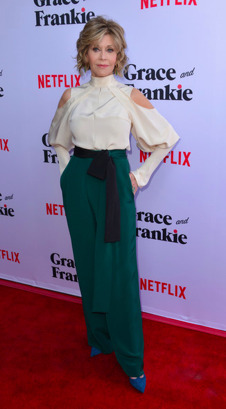 Jane Fonda wears 'Demoiselle' T strap pump in peacock blue suede to her 'Grace and Frankie' Premiere in Los Angeles