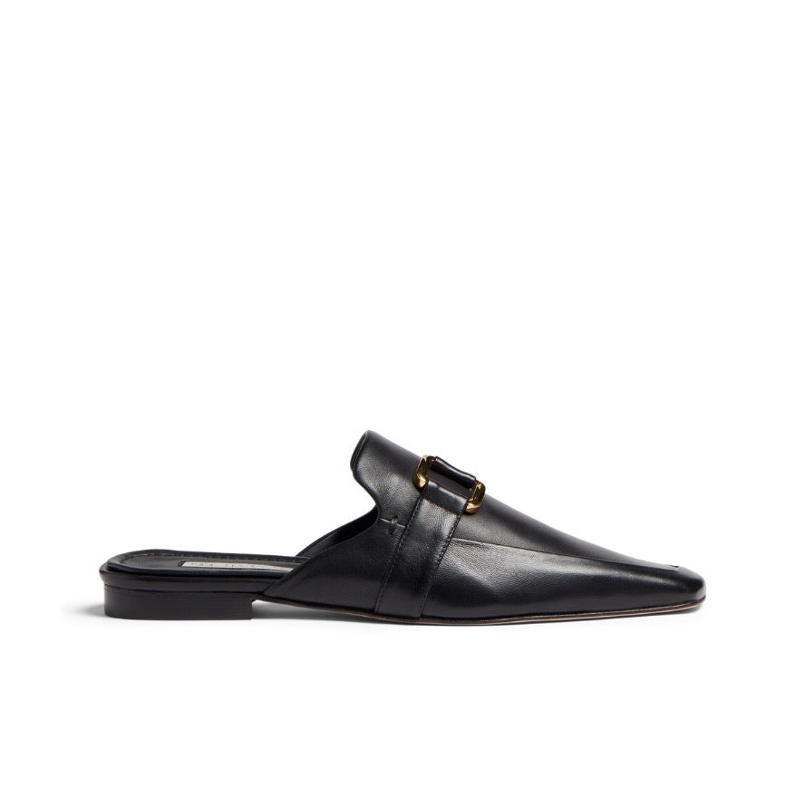 Neil J Rodgers black Andi backless loafer with an angled square toe, minimal stitching, and gold hardware detail in soft Italian nappa leather.
