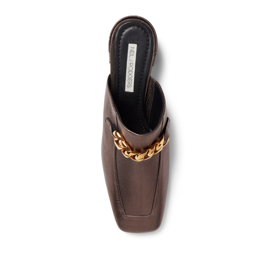 Neil J Rodgers bronze metallic Laura loafer with chain detail and comfortable block heel.