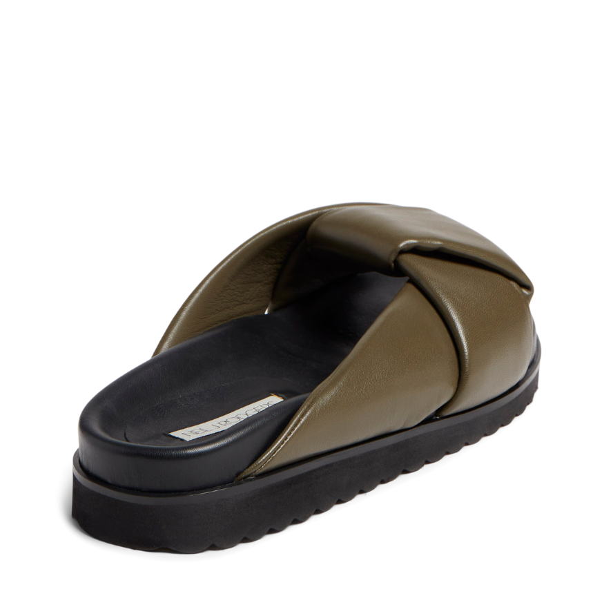 Neil J Rodgers olive green Obi slide sandal with padded leather straps, comfortable flat footbed and lightweight thick black sole.