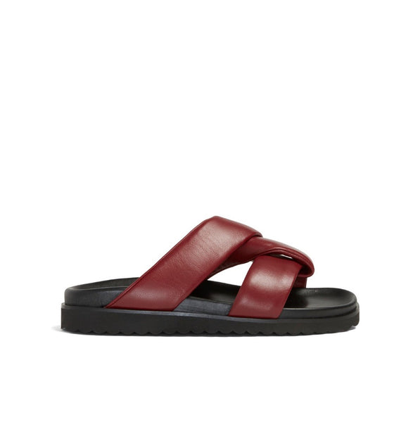 Neil J Rodgers burgundy Obi two sandal with a two-strap style made with padded leather straps, a comfortable flat footbed and lightweight thick black sole.