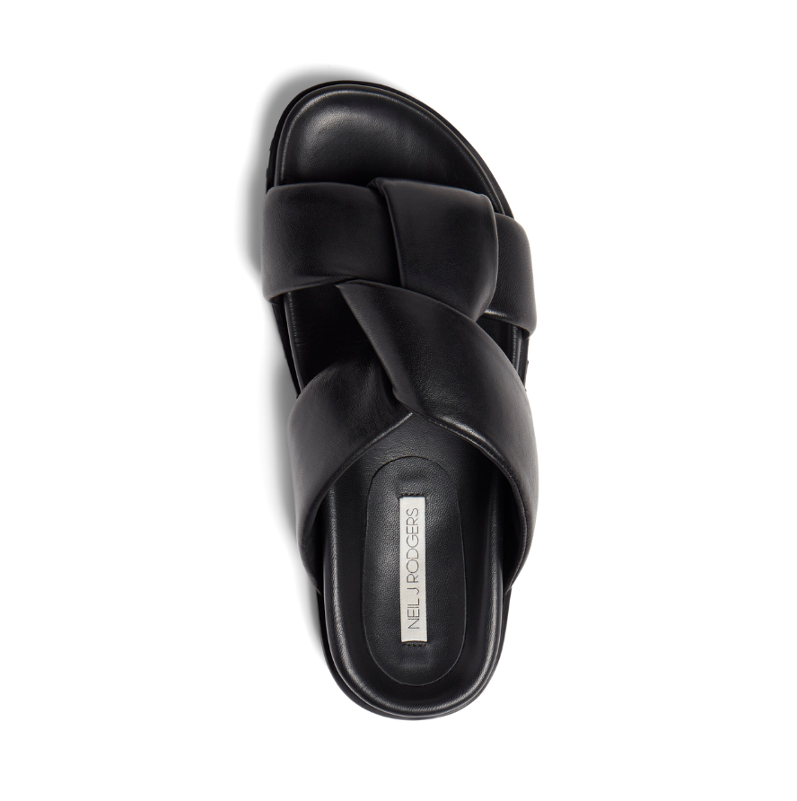 Neil J Rodgers black Obi two sandal with a two-strap style made with padded leather straps, a comfortable flat footbed and lightweight thick black sole.