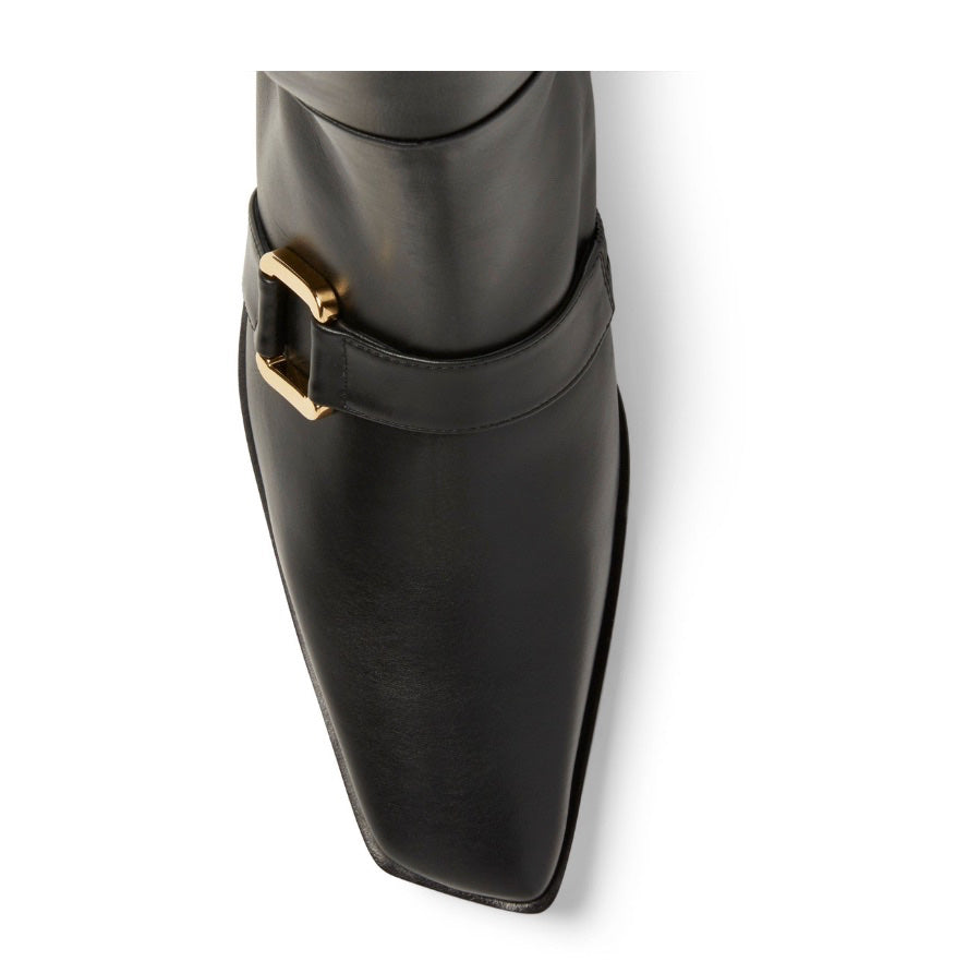 Neil J Rodgers Andi flat riding boots with an angled square toe and gold hardware made from soft, black Italian Vitello calf leather.