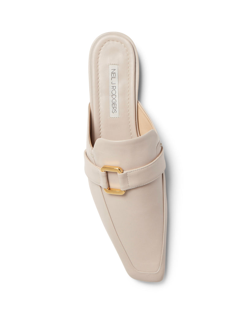 Neil J Rodgers off-white Andi backless loafer with an angled square toe, minimal stitching, and gold hardware detail in soft Italian nappa leather.