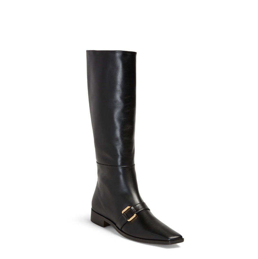 Neil J Rodgers Andi flat riding boots with an angled square toe and gold hardware made from soft, black Italian Vitello calf leather.