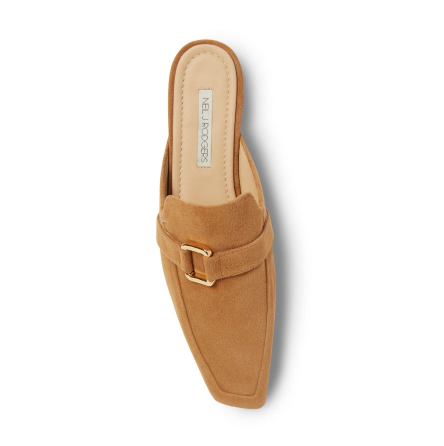 Neil J Rodgers camel Andi backless loafer with an angled square toe, minimal stitching, and gold hardware detail in soft Italian suede.