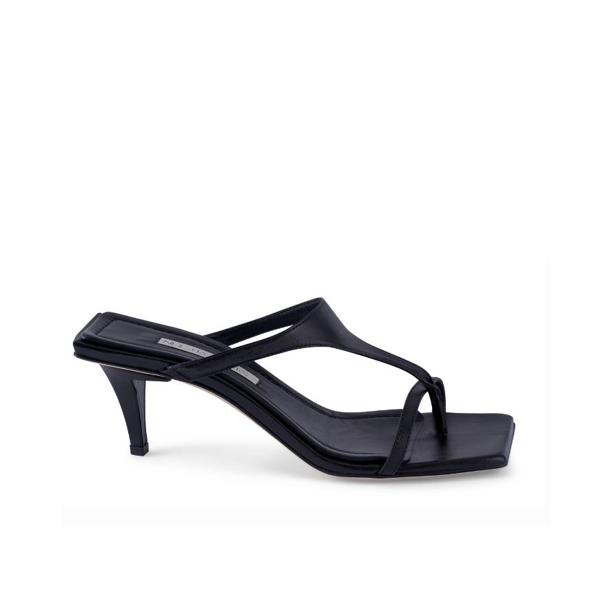 Neil J Rodgers black leather Sonja t-strap thong sandals with a square toe and 2 inch kitten heel.