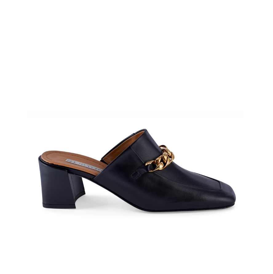 Neil J Rodgers black Laura loafer with chain detail and comfortable block heel.