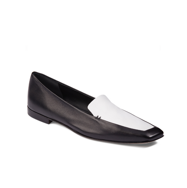 Neil J Rodgers black and white Liscia loafer with a pointed square toe and minimal stitching in soft Italian nappa leather.