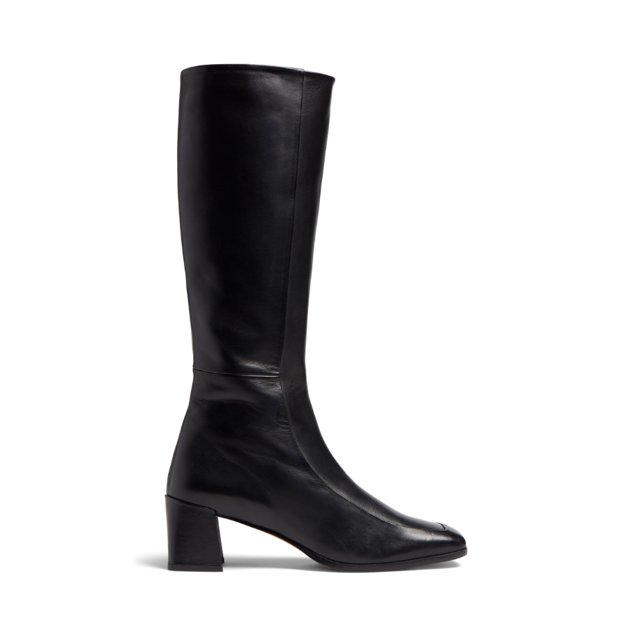 Neil J Rodgers Laura 90s knee boot with a rounded square toe, fitted leg that hits just below the knee, and comfortable block heel made from black Italian calf leather.
