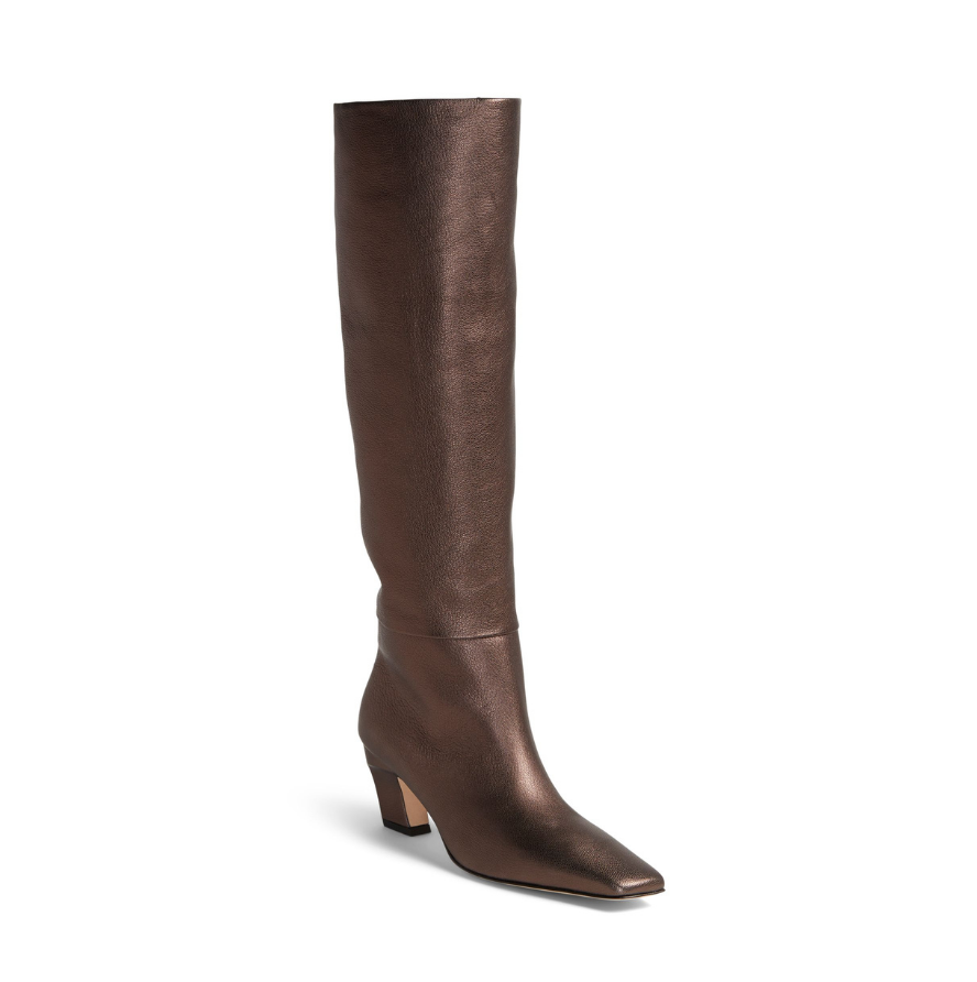 Neil J Rodgers Meg knee high boots with a pointed square toe made from soft, bronze metallic Italian nappa leather.