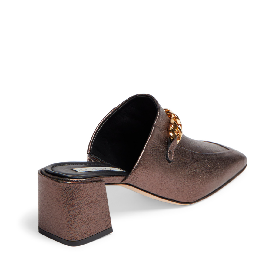Neil J Rodgers bronze metallic Laura loafer with chain detail and comfortable block heel.