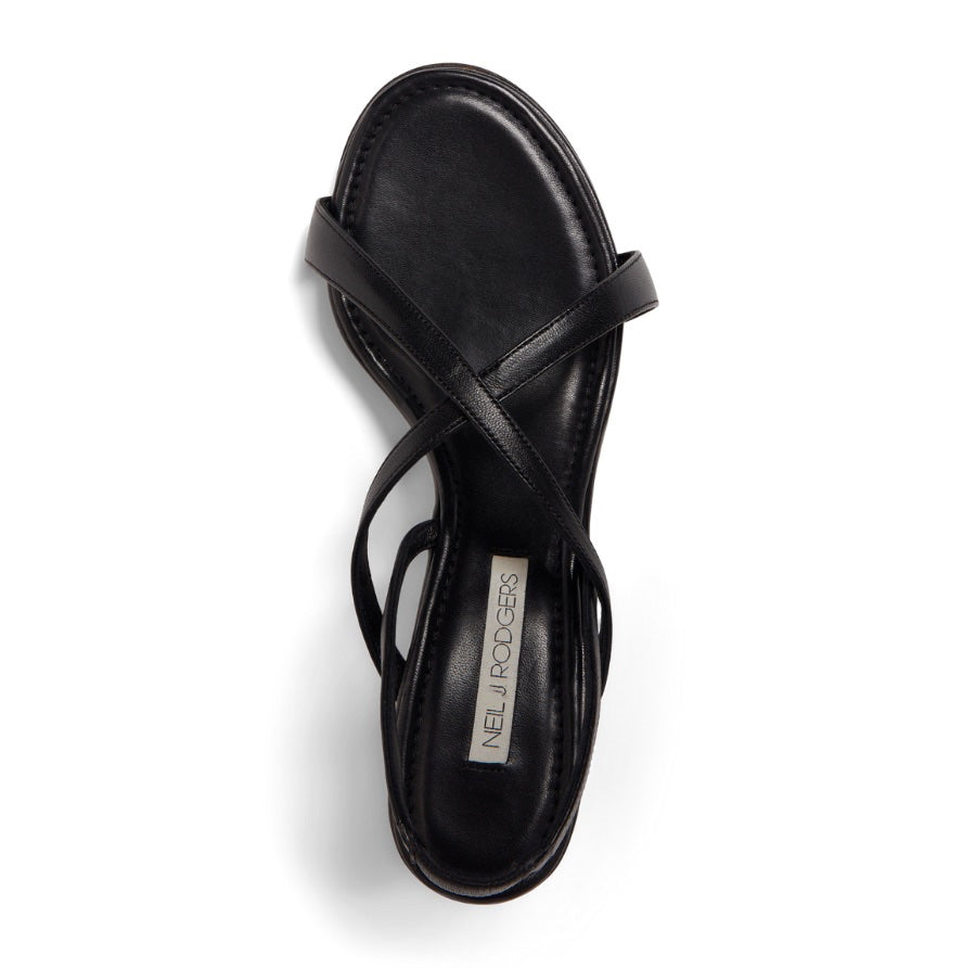 Neil J Rodgers Yin sandal in black nappa leather has a round toe, minimal criss cross instep straps, 60mm heel, and slingback strap.