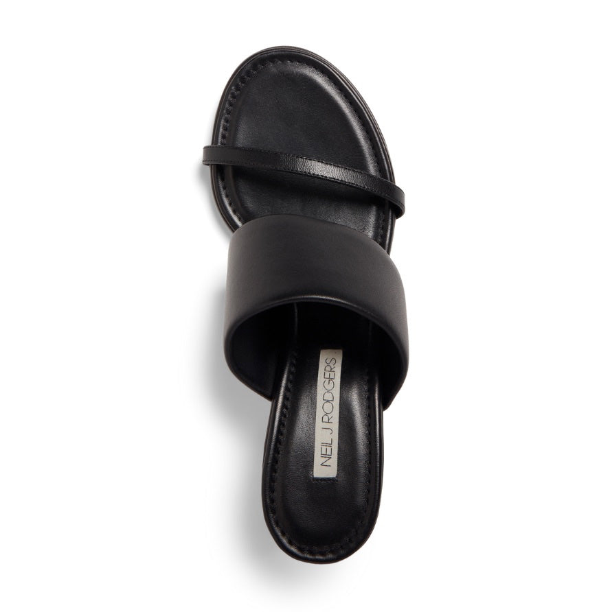 Neil J Rodgers black Alma sandal has a rounded toe, stretch nappa leather instep strap, thin toe strap, padded footbed, and comfortable 60mm heel.