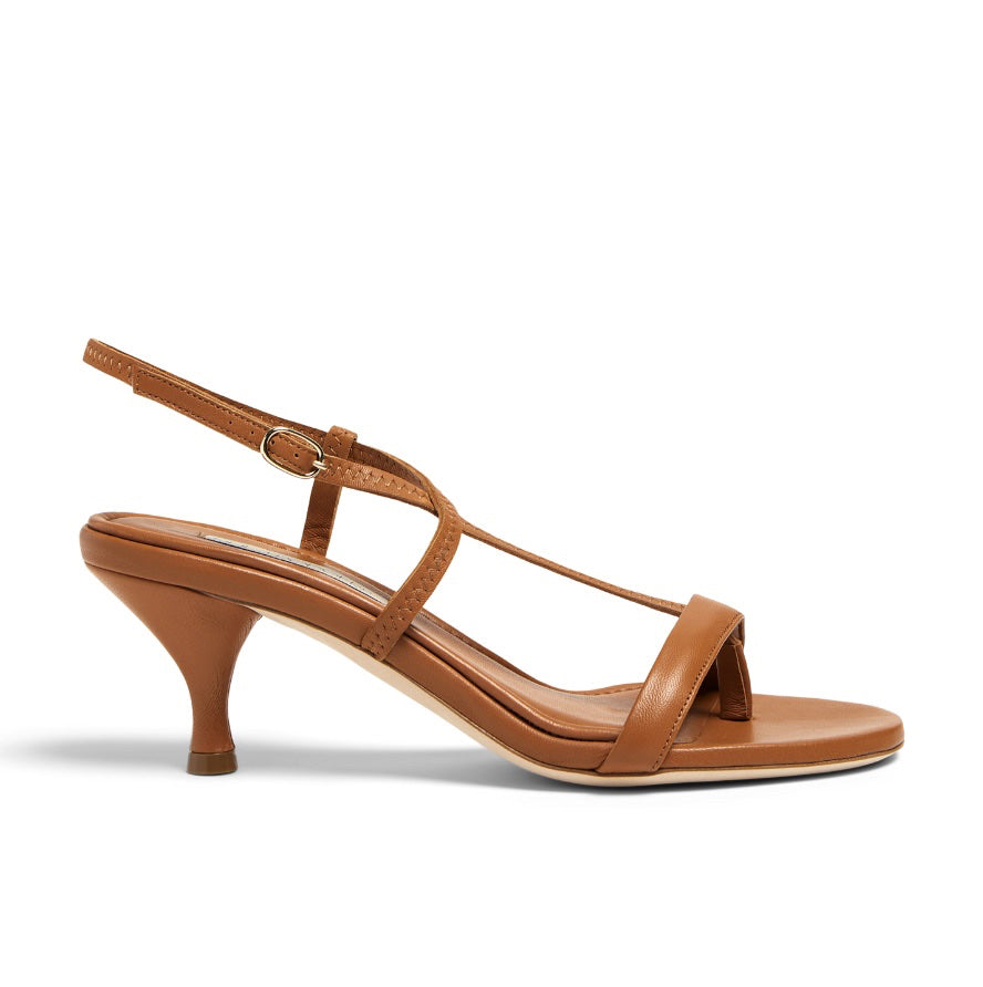 Neil J Rodgers Haze sandal has a round toe, minimal styling, and comfortable 55mm heel in soft cognac Italian nappa leather.