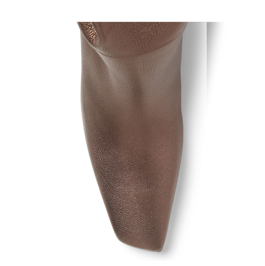 Neil J Rodgers Meg knee high boots with a pointed square toe made from soft, bronze metallic Italian nappa leather.