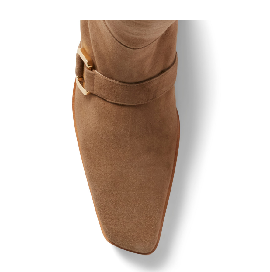 Neil J Rodgers Andi flat riding boots with a pointed square toe and gold hardware made from soft, nutmeg brown Italian suede.