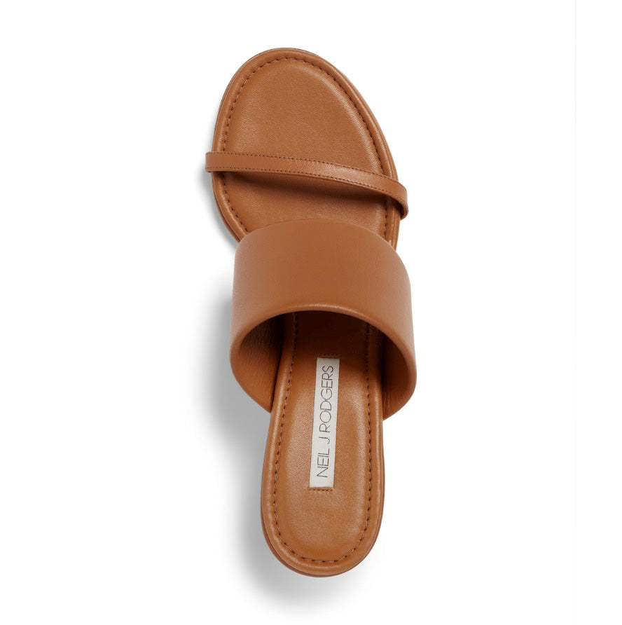 Neil J Rodgers cognac Alma sandal has a rounded toe, stretch nappa leather instep strap, thin toe strap, padded footbed, and comfortable 60mm heel.