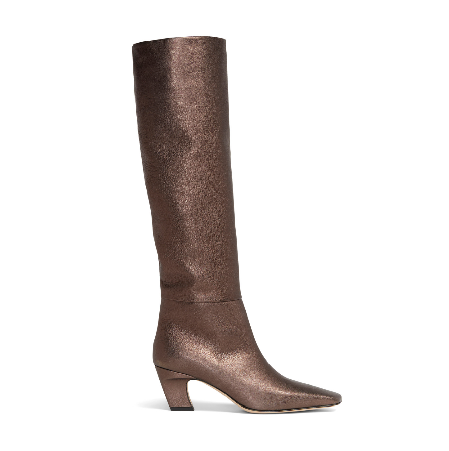 Neil J Rodgers Meg knee high boots with a pointed square toe made from soft, bronze metallic Italian nappa leather.