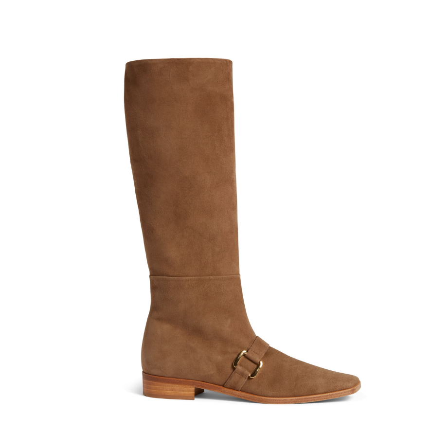 Neil J Rodgers Andi flat riding boots with a pointed square toe and gold hardware made from soft, nutmeg brown Italian suede.