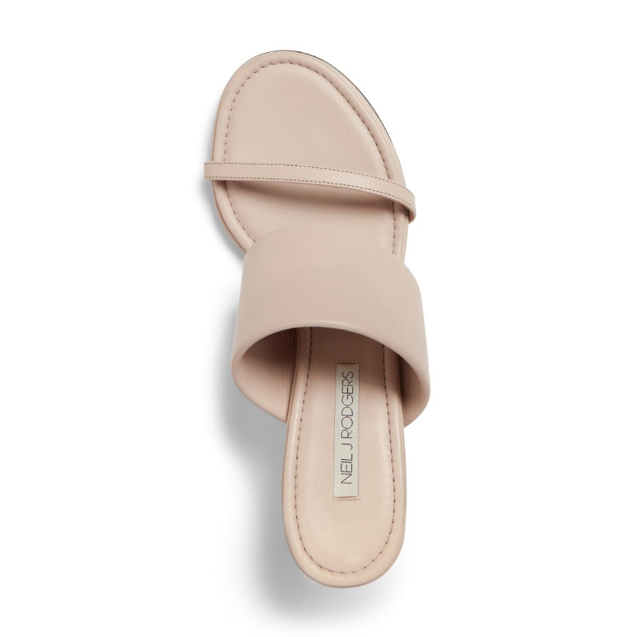 Neil J Rodgers off white Alma sandal has a rounded toe, stretch nappa leather instep strap, thin toe strap, padded footbed, and comfortable 60mm heel.