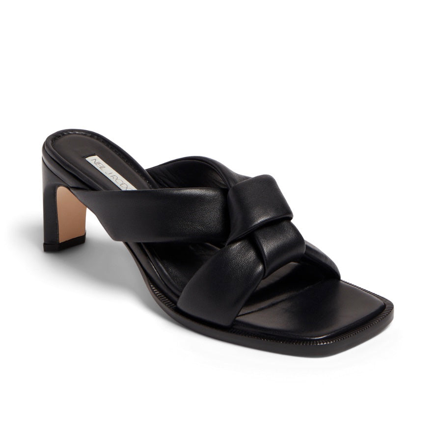 Neil J Rodgers Obi heel with signature padded leather, knotted obi strap sandal with an exaggerated square toe and modern heel in black nappa leather.