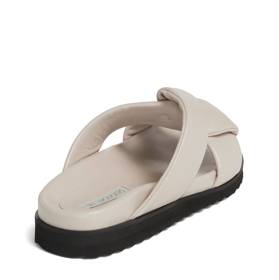 Neil J Rodgers off-white Obi two sandal with a two-strap style made with padded leather straps, a comfortable flat footbed and lightweight thick black sole.