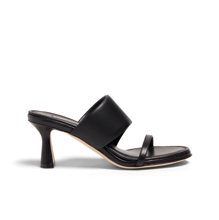 Neil J Rodgers black Alma sandal has a rounded toe, stretch nappa leather instep strap, thin toe strap, padded footbed, and comfortable 60mm heel.