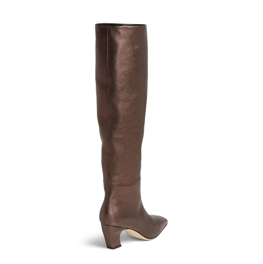 Neil J Rodgers Meg knee high boots with a pointed square toe made from soft, bronze metallic Italian nappa leather.