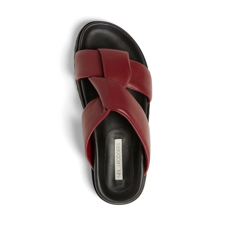 Neil J Rodgers burgundy Obi two sandal with a two-strap style made with padded leather straps, a comfortable flat footbed and lightweight thick black sole.