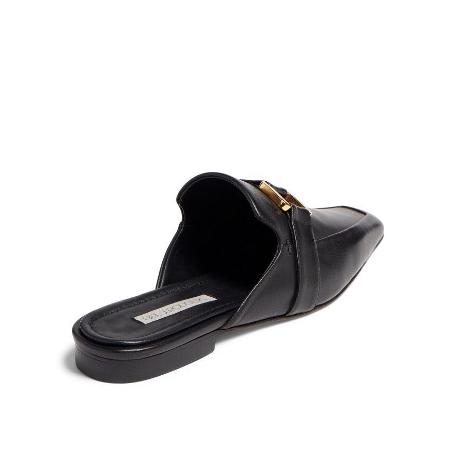 Neil J Rodgers black Andi backless loafer with an angled square toe, minimal stitching, and gold hardware detail in soft Italian nappa leather.