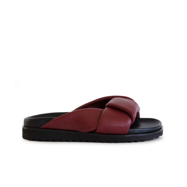 Neil J Rodgers burgundy Obi slide sandal with padded leather straps, comfortable flat footbed and lightweight thick black sole.