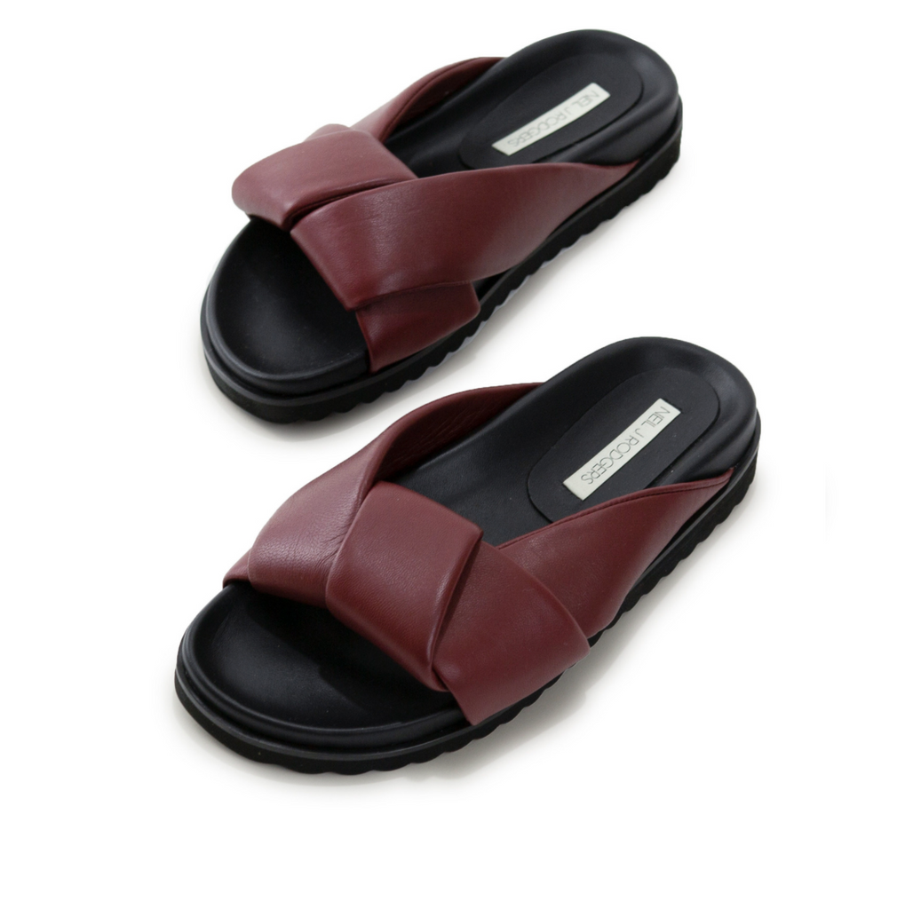 Neil J Rodgers burgundy Obi slide sandal with padded leather straps, comfortable flat footbed and lightweight thick black sole.