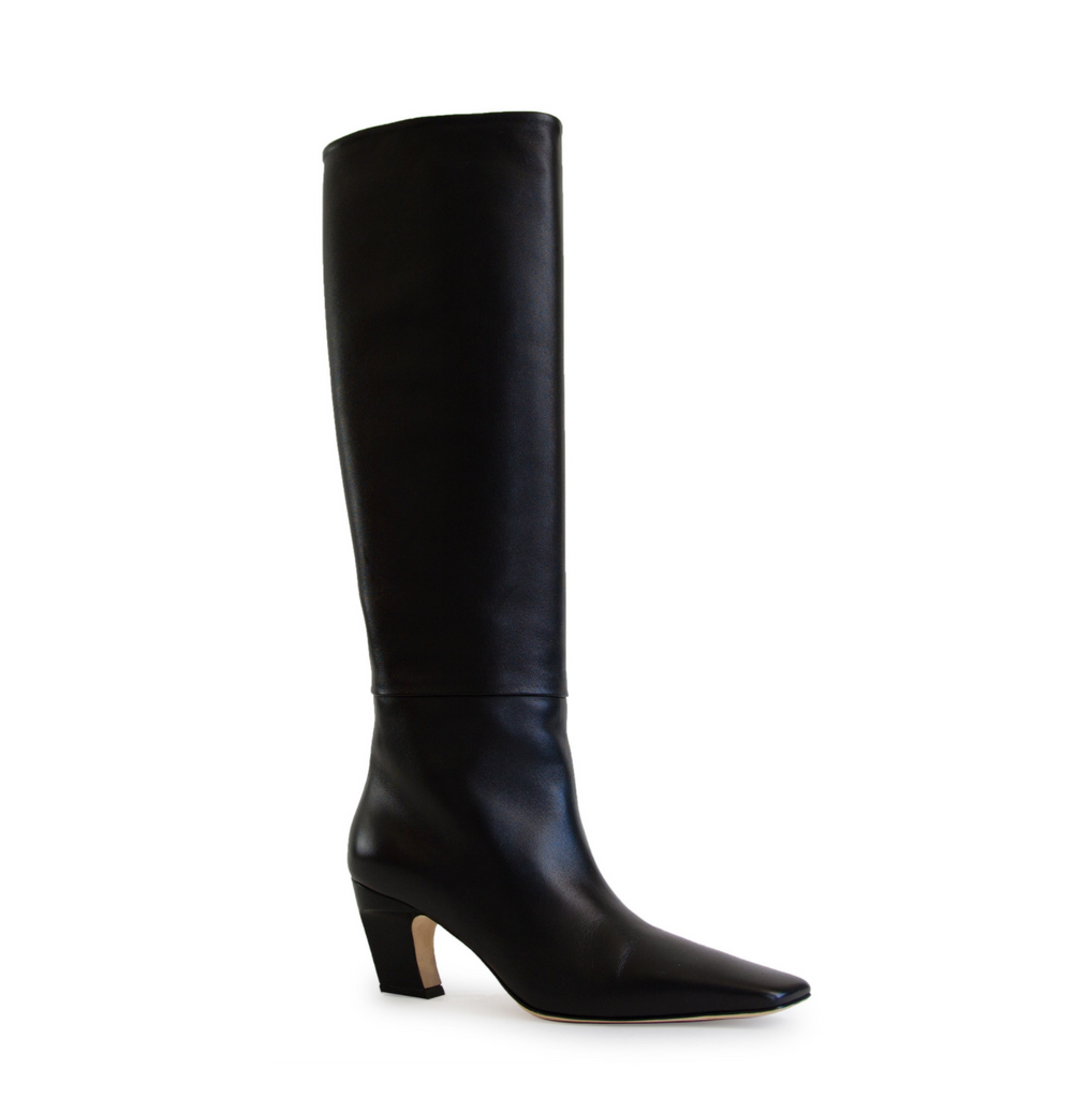 Neil J Rodgers black Meg knee high boots with a pointed square toe made from soft Italian nappa leather.