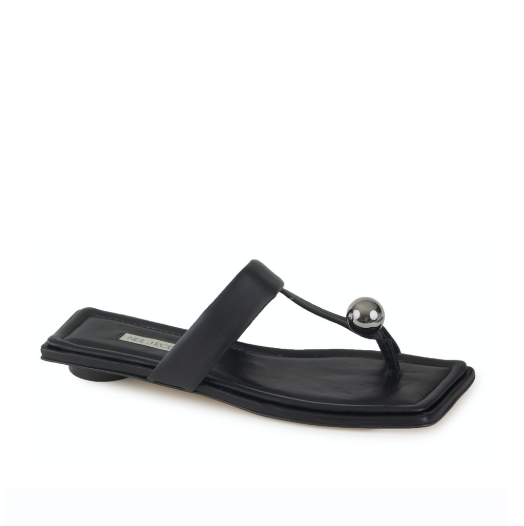 Neil J Rodgers black Samira sandal with a flat footbed, minimal leather straps and silver bead embellishment