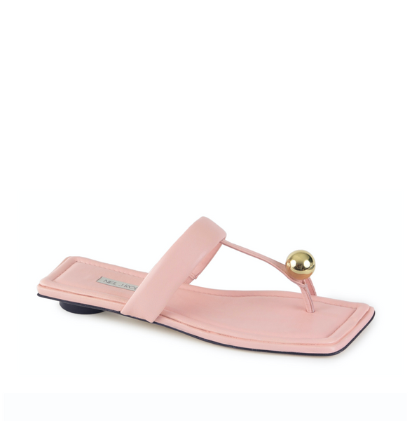 Neil J Rodgers pink Samira sandal with a flat footbed, minimal leather straps and gold bead embellishment