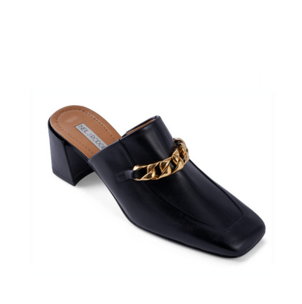 Neil J Rodgers black Laura loafer with chain detail and comfortable block heel.